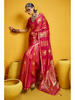 Mysilklove - Women Fire Brick Red Banarasi Handloom Satin Silk Saree with Unstitched Blouse