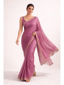 KAYOMMI - Pink Georgette Minimal Embroidered Border Ready To Wear Saree with Unstitched Blouse