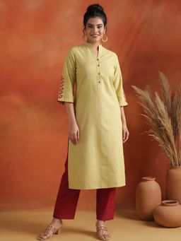 Jaipur Kurti - Women Green Chanderi Kantha Embroidered Straight Kurta