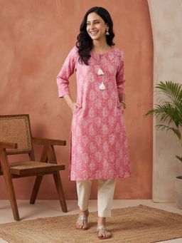Jaipur Kurti - Women Pink Floral Embroidered Straight Kurta