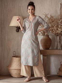 Jaipur Kurti - Women Ethnic Printed Grey Straight Kurta