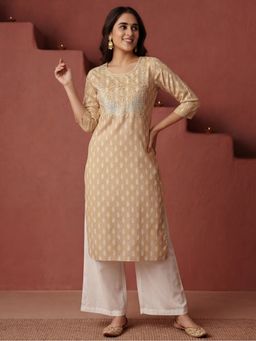 Jaipur Kurti - Women Beige Ethnic Motif Printed Embroidered Straight Kurta