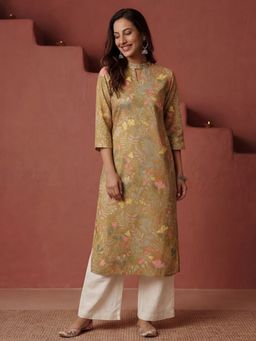 Jaipur Kurti - Women Floral Printed Mustard Straight Kurta