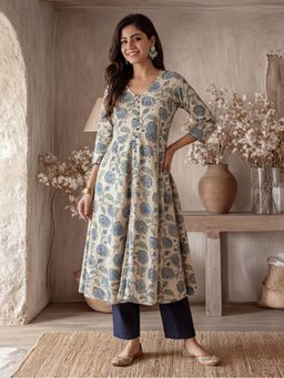 Jaipur Kurti - Women Blue Floral Print Cotton Anarkali Kurta