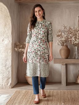Jaipur Kurti - Women Green Floral Printed Straight Kurta