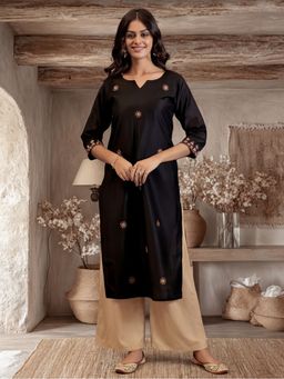 Jaipur Kurti - Women Black Self Woven Embroidered Straight Kurta