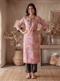 Jaipur Kurti - Women Pink Botanical Printed Embroidered Straight Kurta