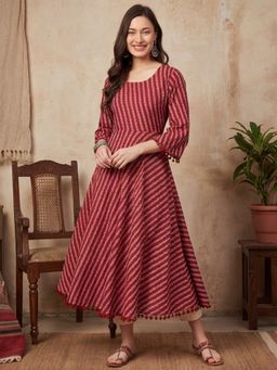Jaipur Kurti - Women Maroon Striped A-Line Cotton Kurta