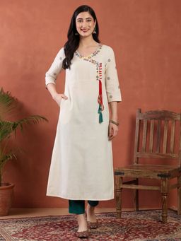 Jaipur Kurti - Women Off White Embroidered A Line Kurta