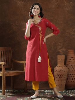 Jaipur Kurti - Women Red Floral Embroidered Straight Kurta