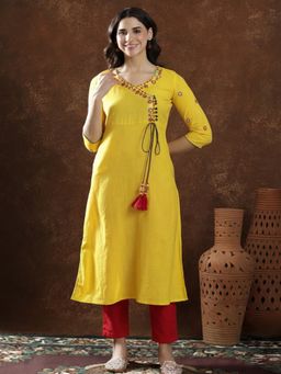 Jaipur Kurti - Women Yellow Floral Embroidered A-Line Pure Cotton Kurta
