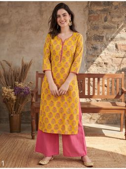 Jaipur Kurti - Women Yellow Floral Printed Straight Kurta
