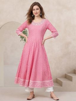 Jaipur Kurti - Women Pink Printed Anarkali Kurta