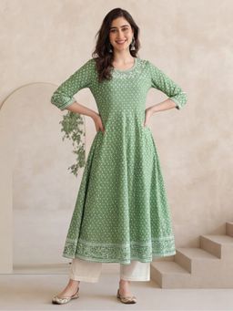 Jaipur Kurti - Women Green Printed Anarkali Kurta
