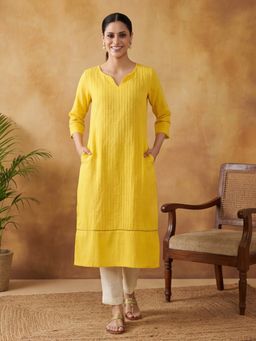 Jaipur Kurti - Women Yellow Woven Design Embroidered Straight Pure Cotton Kurta