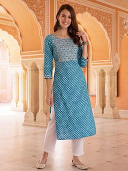 Jaipur Kurti - Women Turquoise Ethnic Printed Straight Kurta