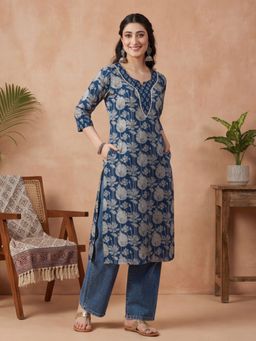 Jaipur Kurti - Women Navy Blue Floral Embroidered Straight Pure Cotton Kurta