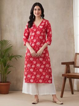 Jaipur Kurti - Women Red Floral Printed Straight Pure Cotton Kurta