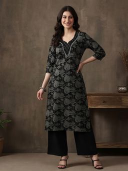 Jaipur Kurti - Women Black Floral Embroidered Straight Pure Cotton Kurta