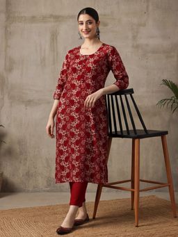 Jaipur Kurti - Women Red Floral Printed Straight Pure Cotton Kurta