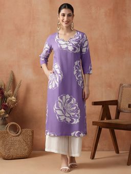 Jaipur Kurti - Women Purple Floral Embroidered Straight Pure Cotton Kurta