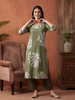 Jaipur Kurti - Women Green Floral Straight Pure Cotton Kurta