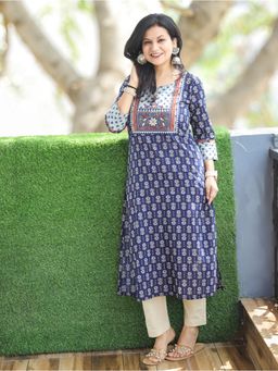 DESI SANDOOK - Women Navy Blue Embroidered Work Gamthi Printed Cotton Kurti