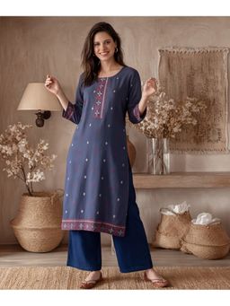 Jaipur Kurti - Women Grey Floral Embroidered Straight Kurta