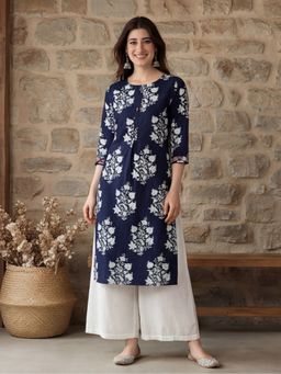 Jaipur Kurti - Women Navy Blue Floral Printed Straight Kurta
