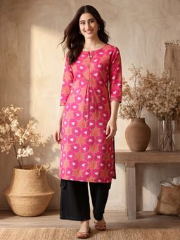 Jaipur Kurti - Women Pink Floral Printed Straight Kurta
