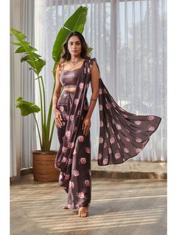 Pasha India - Raisin Pant Saree With Stitched Brown Blouse