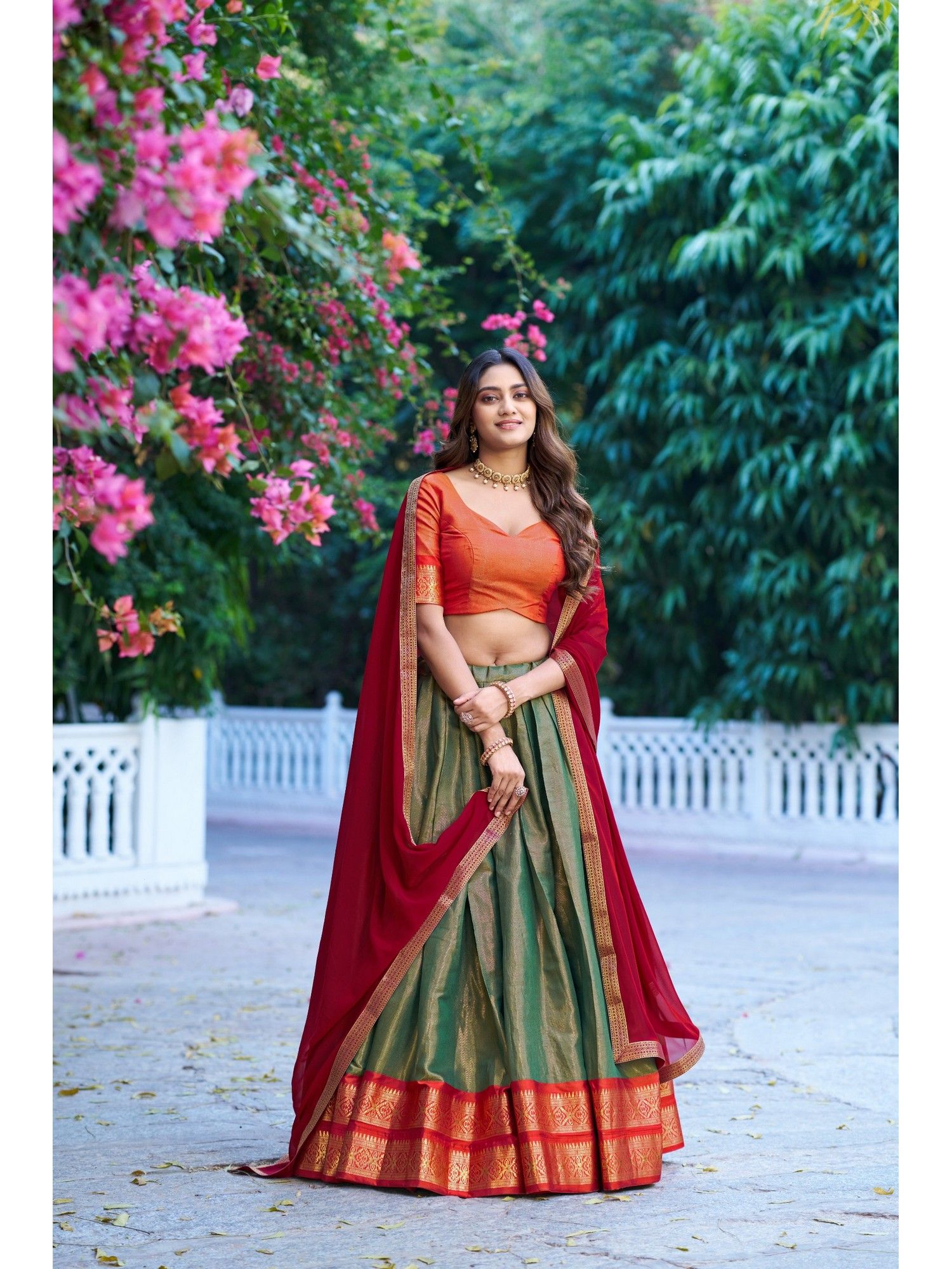 Green Kanchipuram Silk Lehenga with Dupatta and Unstitched Blouse-image-7