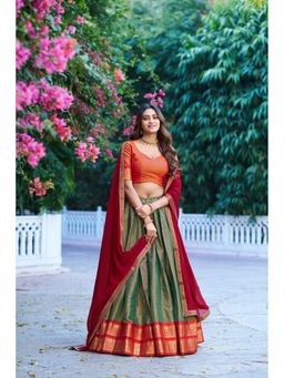 JATRIQQ - Green Kanchipuram Silk Lehenga with Dupatta and Unstitched Blouse
