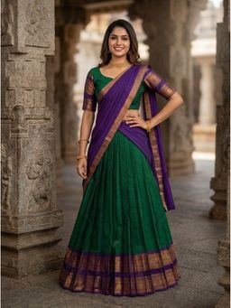 JATRIQQ - Green Kanchi Cotton Zari Lehenga Choli with Dupatta & Unstitched Blouse
