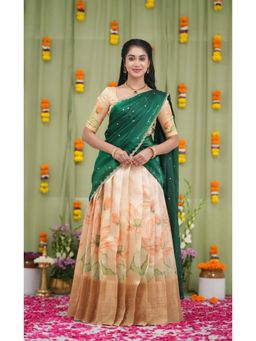 JATRIQQ - Cream Kota Print Lehenga Choli with Dupatta and Unstitched Blouse