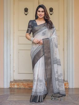 ALMAARI FASHION - Women White Traditional Handloom Cotton Printed Saree with Unstitched Blouse