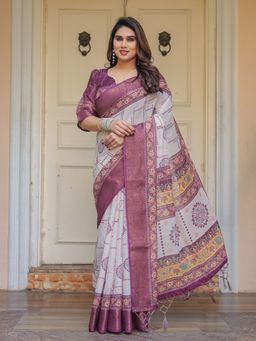 ALMAARI FASHION - Pink Elegant Handloom Cotton Printed Floral Design Saree with Unstitched Blouse