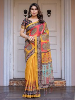 ALMAARI FASHION - Women Yellow Handloom Cotton Floral Printed Saree with Unstitched Blouse