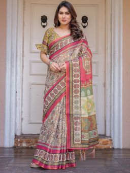 ALMAARI FASHION - Women beige Handloom Cotton Floral Pattern Printed Saree with Unstitched Blouse