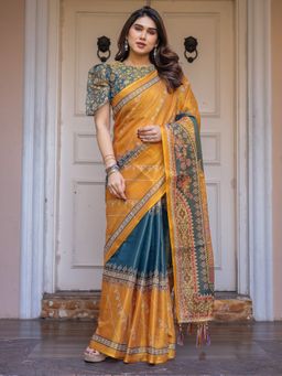 ALMAARI FASHION - Yellow Soft Handloom Cotton Floral Printed Saree with Unstitched Blouse