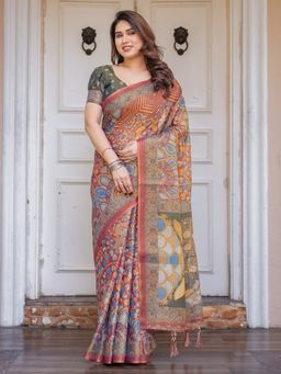 ALMAARI FASHION - Women Multicolor Handloom Cotton Floral Printed Saree with Unstitched Blouse