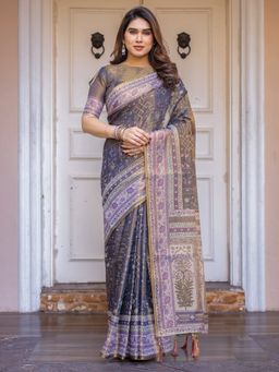 ALMAARI FASHION - Women Grey Ethnic Handloom Cotton Floral Printed Saree with Unstitched Blouse