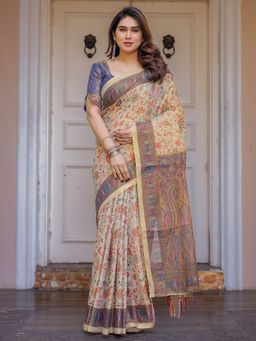 ALMAARI FASHION - Women Cream Traditional Paisley Printed Handloom Cotton Saree with Unstitched Blouse