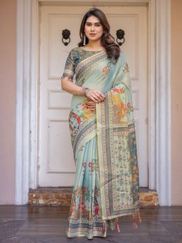 ALMAARI FASHION - Women Blue Stylish Handloom Cotton Floral Print Saree with Unstitched Blouse