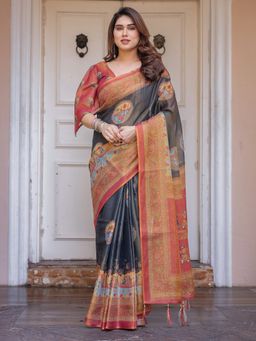 ALMAARI FASHION - Women Charcoal Ethnic Handloom Cotton Printed Saree with Unstitched Blouse