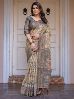 ALMAARI FASHION - Women Cream Designer Handloom Cotton Floral Print Saree with Unstitched Blouse