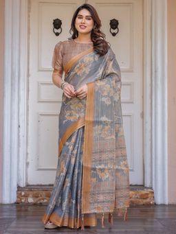 ALMAARI FASHION - Women Grey Traditional Handloom Cotton Floral Print Saree with Unstitched Blouse