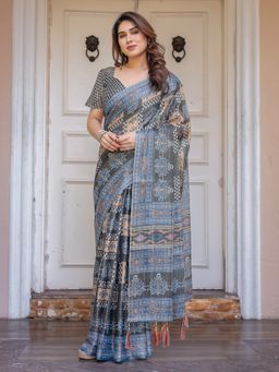 ALMAARI FASHION - Women Charcoal Elegant Handloom Cotton Printed Saree with Unstitched Blouse