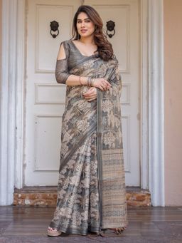 ALMAARI FASHION - Women Grey Handloom Cotton Floral Print Saree with Unstitched Blouse