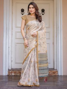 ALMAARI FASHION - Women Cream Elegant Handloom Cotton Floral Printed Saree with Unstitched Blouse
